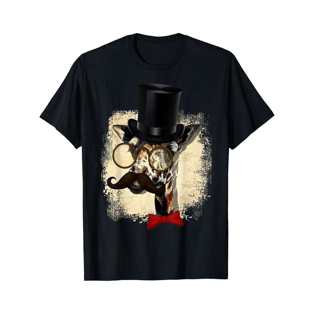 Designer T shirt Vintage Giraffe Hat And Big Moustache Funny Gift - 220g Tshits