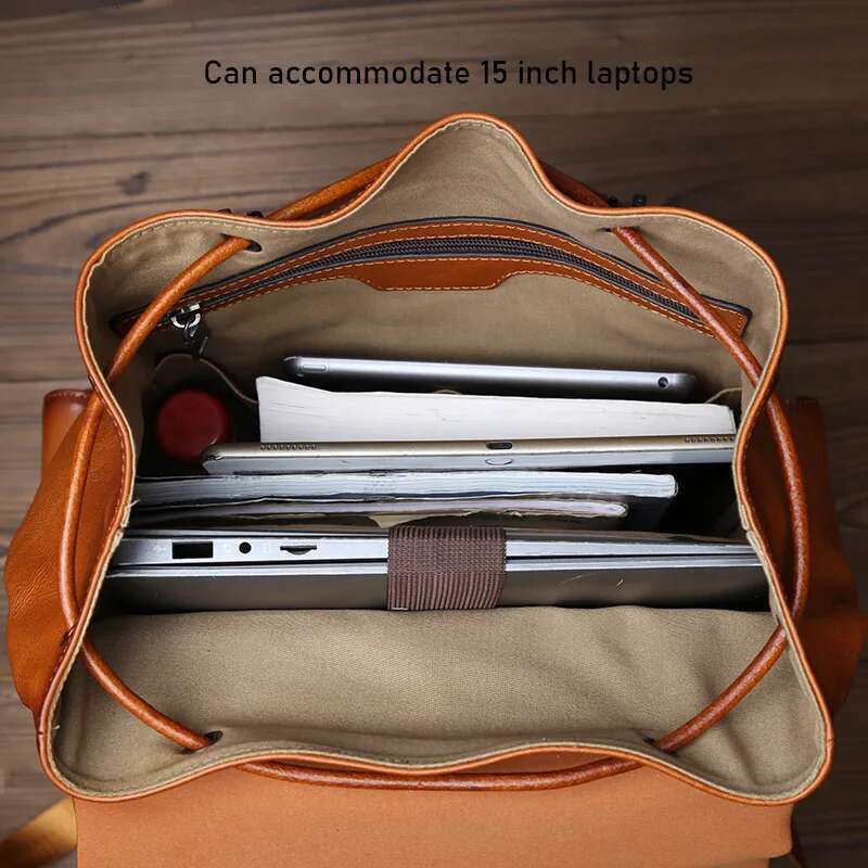 Solid Color High-Capacity Tree Cream Genuine Leather Backpack With Simple Drawstring Top Layer Cowhide 15 Inch Computer Bag