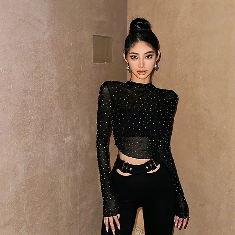 Xpqbb Fashion s Lace Tshirt Women Black Sexy See Through Mesh Crop Top Female Long Sleeve Beach Party Club Tees Tops 250317