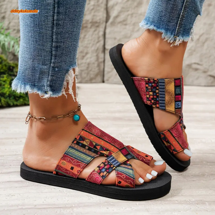 2025 Summer New One Step Shoe Set with Ethnic Style Thick Bottom, Lightweight and Breathable Beach Sandals, Cool Slippers for Women ddmykukumalu