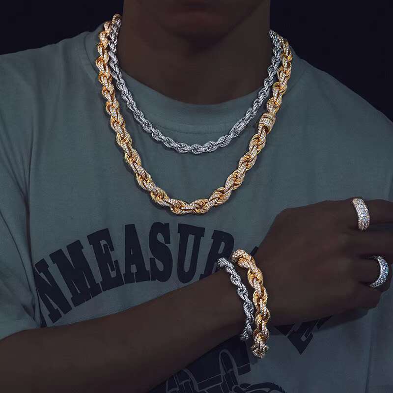Pass Diamond Tester 8mm-14mm Full VVS Moissanite Iced Out Rope Chain 925 Sterling Silver Men Hip Hop Jewelry Twisted Necklace