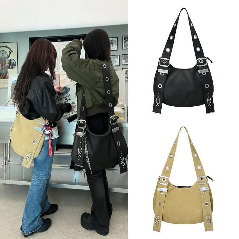 Belt Buckle Women Designer Handbag And Purses PU Rivet Multiple Pockets Y2k Large Capacity Shoulder Bags Big Totes