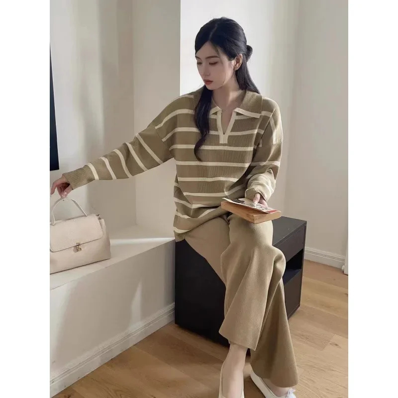 Arrival Korean Style Color Blocking Striped VNeck Niche n Knit Top HighWaisted Bell Bottoms 2Piece Set 250318
