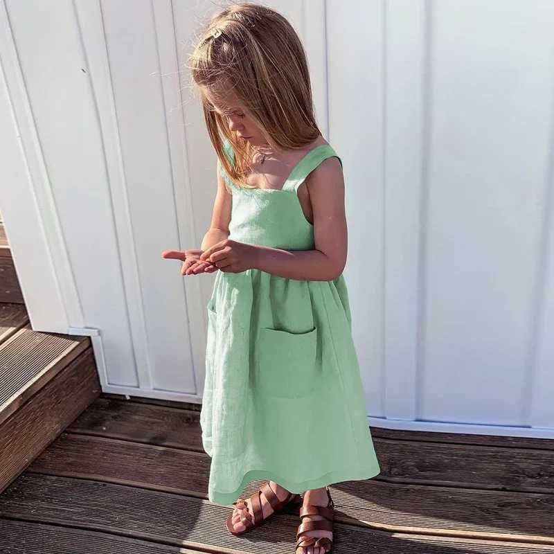 Womens cotton linen sleeveless hanging dress with adjustable shoulder straps summer new casual pocket childrens dress TZ77 W250326