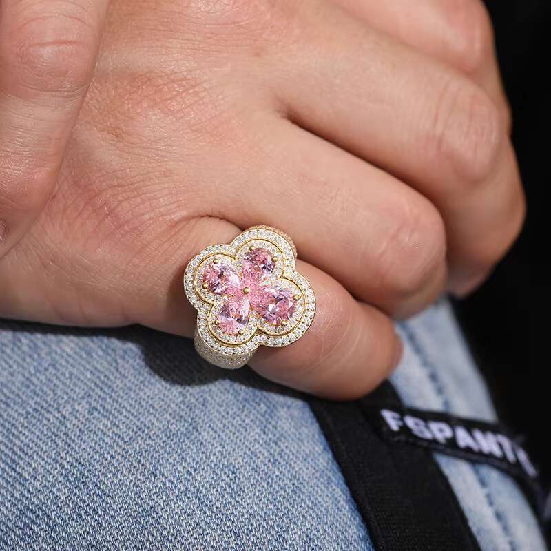 New Arrival S925 Pink Flower Moissanite Iced Out Ring High Quality Silver Moissanite Mens Ring Fine Jewelry