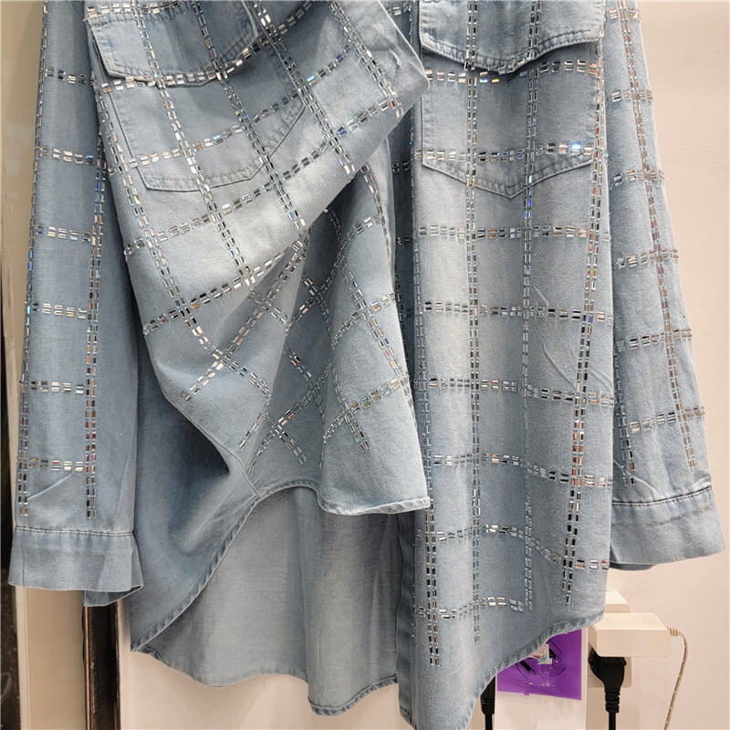 European goods heavy industry hot stamping denim shirt, women's spring and autumn design, niche, loose, medium to long length top, shirt jacket, 
