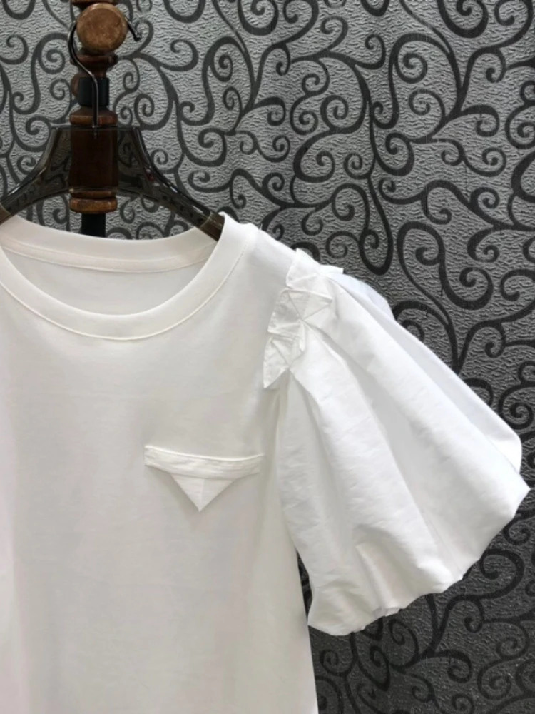 Retro Womens Simple T-shirt Summer T-shirt Puff Sleeve O-neck T-shirt Full Match Top Fashion Sweet White T-shirt Ropa Mujer 250321