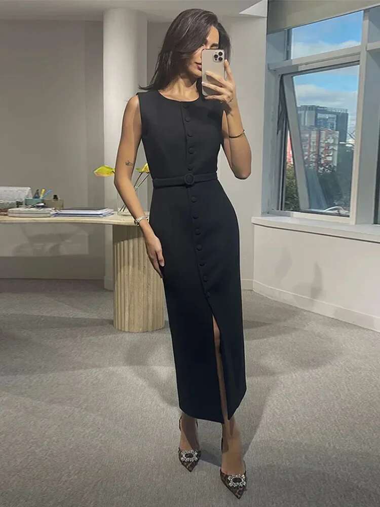 Elegant Single Breasted Sleeveless Midi Dress Women Belts O-Neck Slim Solid Dresses Spring New Chic Commute Lady Split Robe