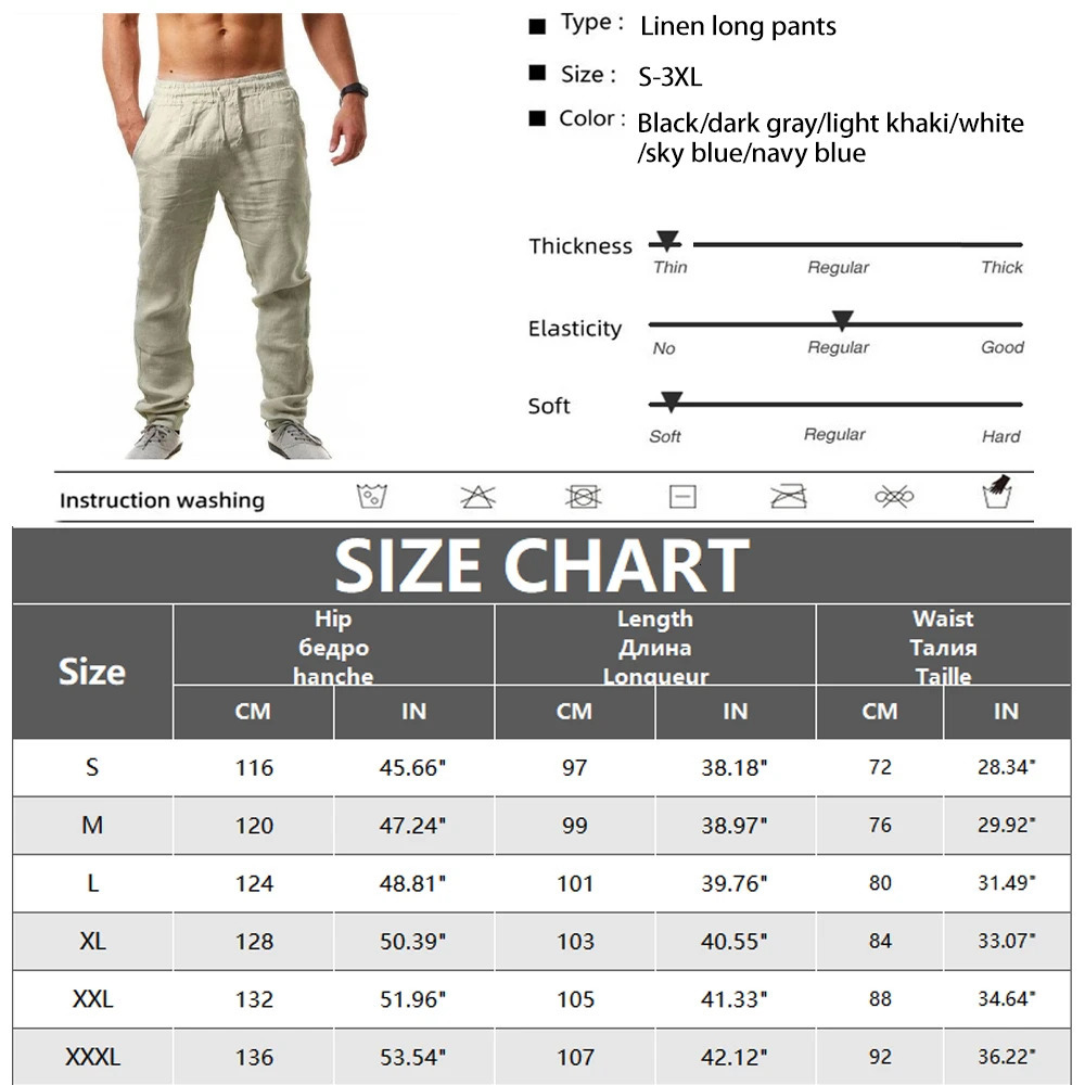 Mens cotton linen pants summer solid color breathable mens casual elastic waist Harajuku 250326