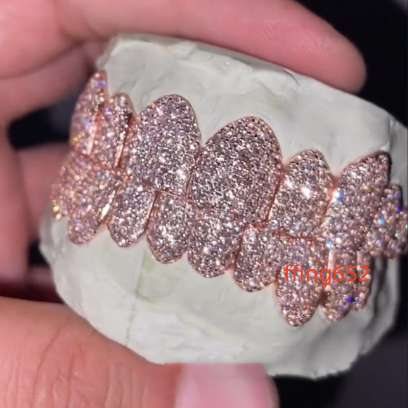 Custom Hiphop Iced Out Rose Gold Grillz for Teeth 925 Sterling Silver Bling Moissanite Grillz