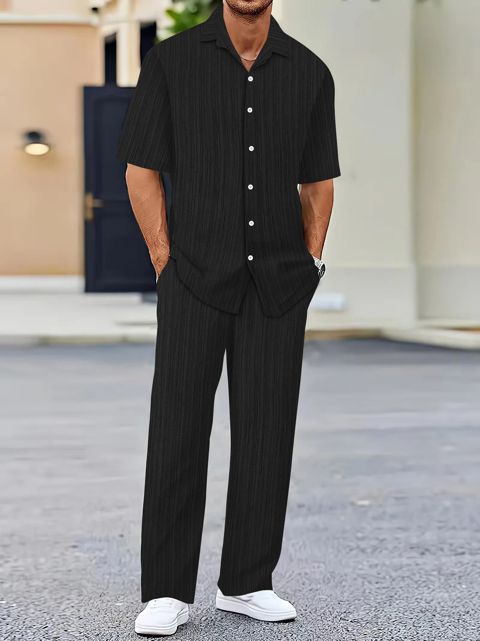 SpringSummer Mens Style Set Fashion Short Sleeve Button Open Top Weight Loss Pulling Rope Pants 250326