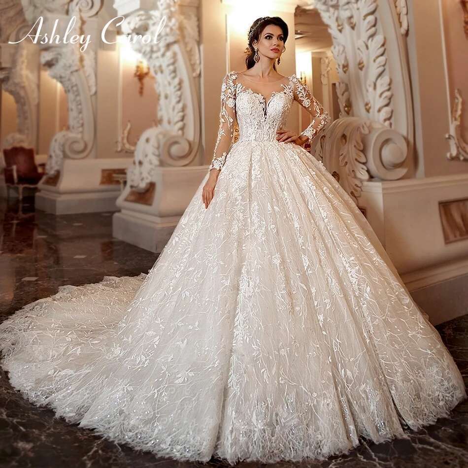 Ashley Carol Ball Wedding Dress Long Sleeve Lace Bride Dresses Beaded Appliques Bridal Gown Vestidos De Novia