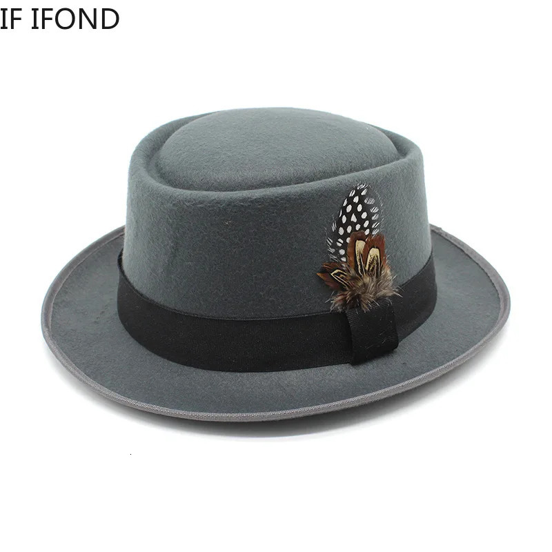Vintage Curve Brim Felt Fedora Hat Mens Autumn Winter Trilby Jazz Hat Church Pig Skin Hat with Feather 250325