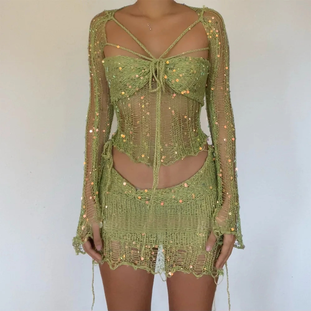 Crochet Knitted Dress 2-piece Ski Set Winter Womens Sexy Crop Top Elegant Knitted Glitter Dress 2-piece Set 250326