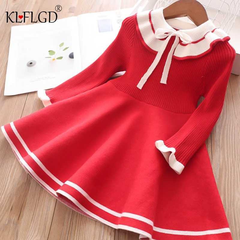 Autumn childrens warm sweater girls casual solid color pleated princess dress girls winter knitted dress W250326