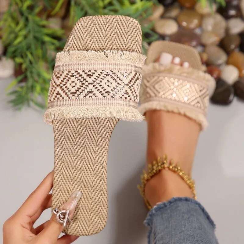 Women Summer Straw Woven Casual Outdoor Espadrille Flip-ps Fashion Flat Ladies Sandals and Slippers Large Size 43