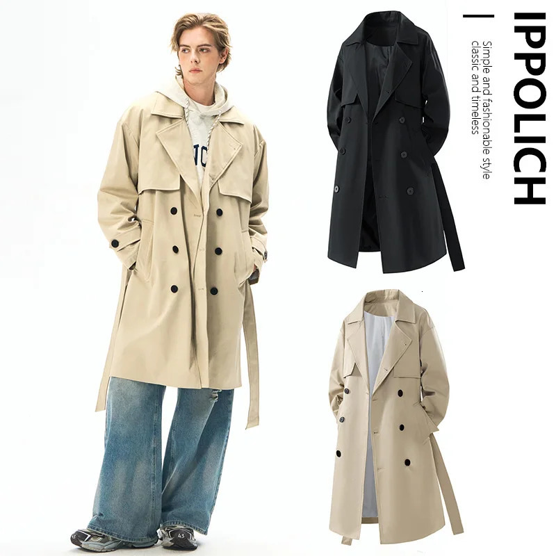 Mens jackets spring mens trench coats mens streetwear windproof trench coats mens solid business casual loose long coats 250324