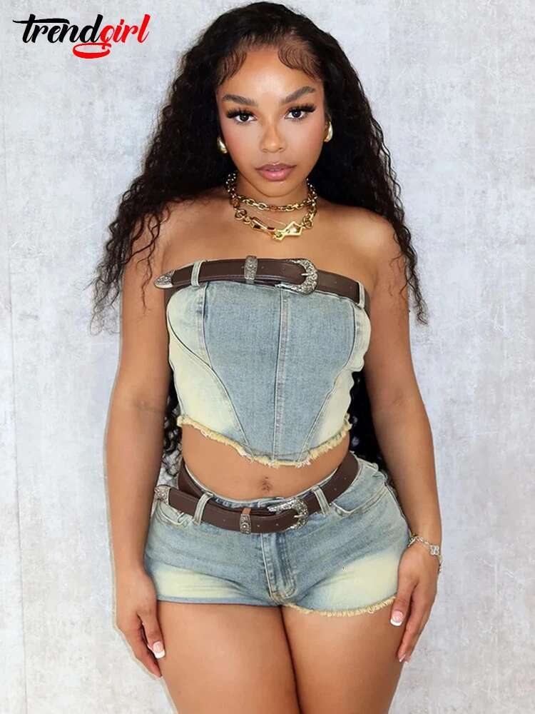 Mlaiscsr Vintage Strapless Crop Tops and Shorts Two 2 Pieces Set Women Denim Stretch Suit Sexy Night Club Birthday Jean Outfits