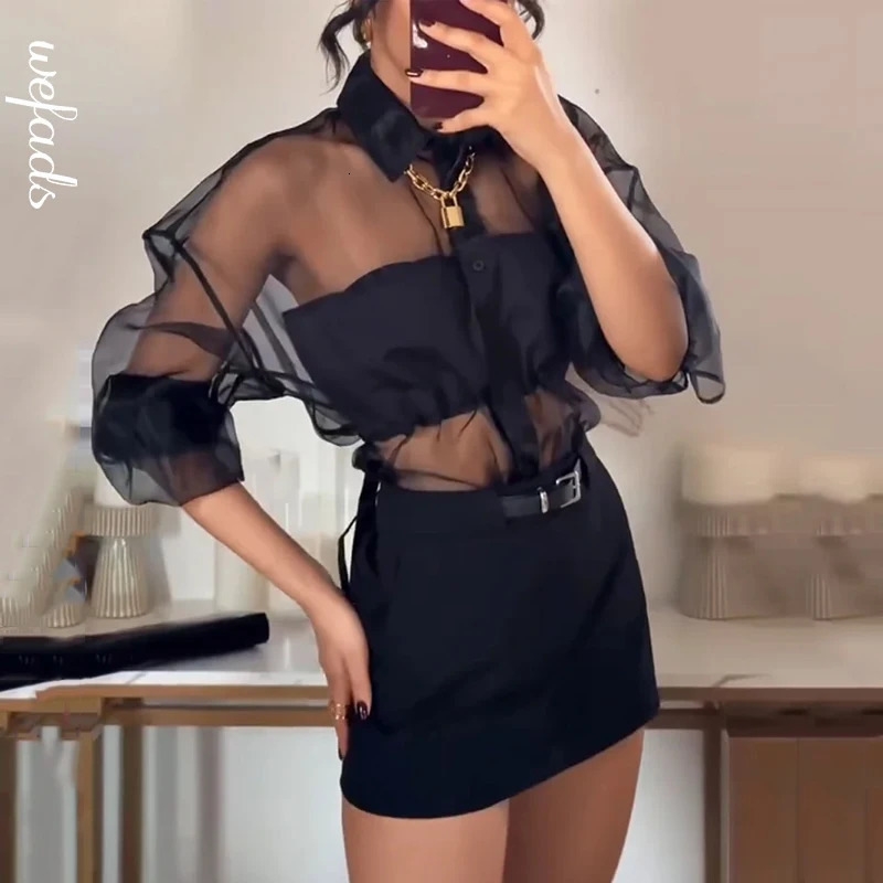 Wefads Two Piece Set Womens Clothes Sexy Fashion Solid Long Sleeve Lapel Transparent Mesh Top Mini A Line Skirt Sets Streetwear 250321