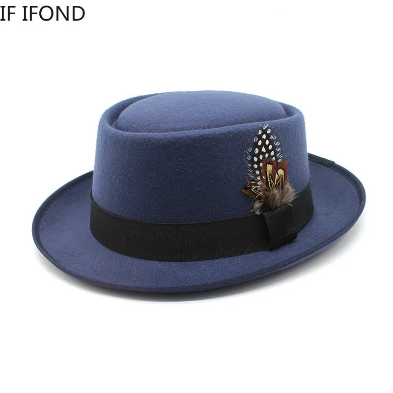 Vintage Curve Brim Felt Fedora Hat Mens Autumn Winter Trilby Jazz Hat Church Pig Skin Hat with Feather 250325