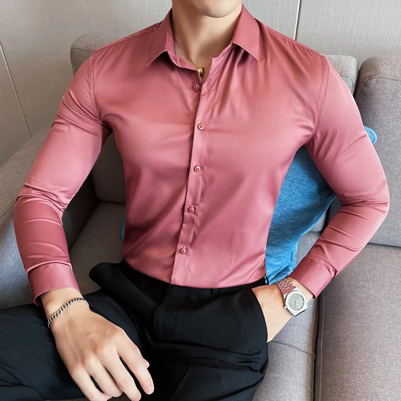 10Color highquality solid dress mens simple long sleeved slim fit business shirt social casual Plus size 5XLM 250326