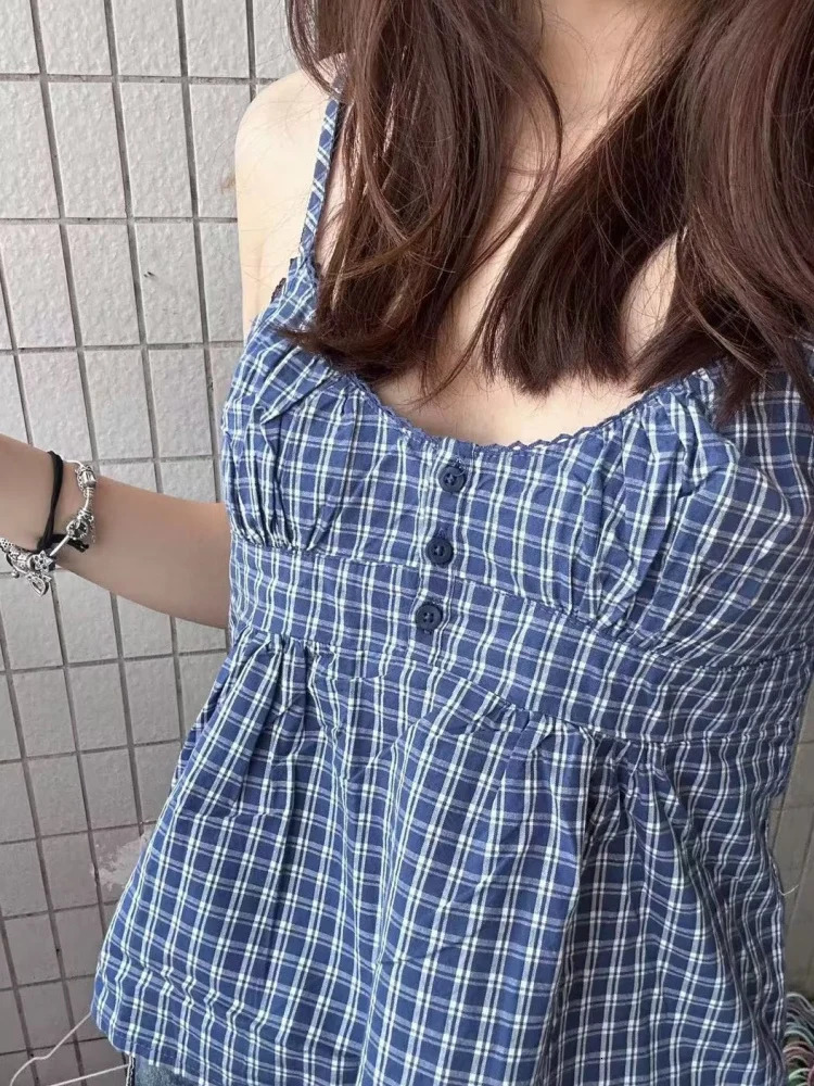 Casual womens fashionable blue front button plain printed Camis summer retro sleeveless womens fashion top 250321