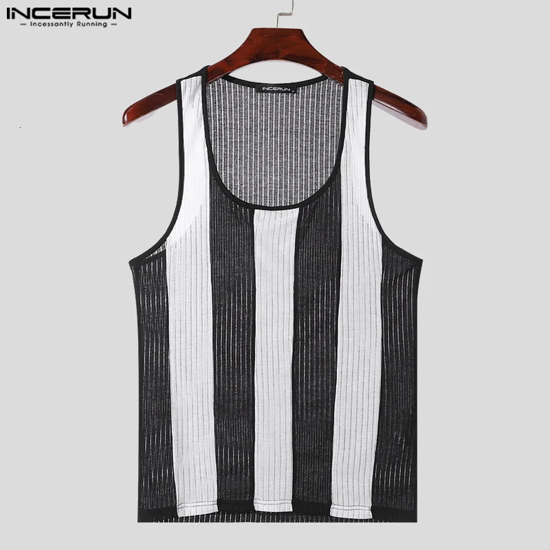 INCERUN Men Tank Tops Summer Sleeveless Fashion Transparent Tops Tee Men Clothing Streetwear Striped Chemise Oversized S-5XL250324