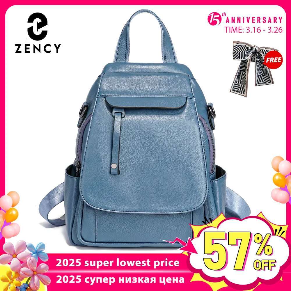 Zency Genuine Leather Women's Fashion Backpack High Quality School Travel Shoulder Bags Satchel Rucksack Multifunctional Pockets
