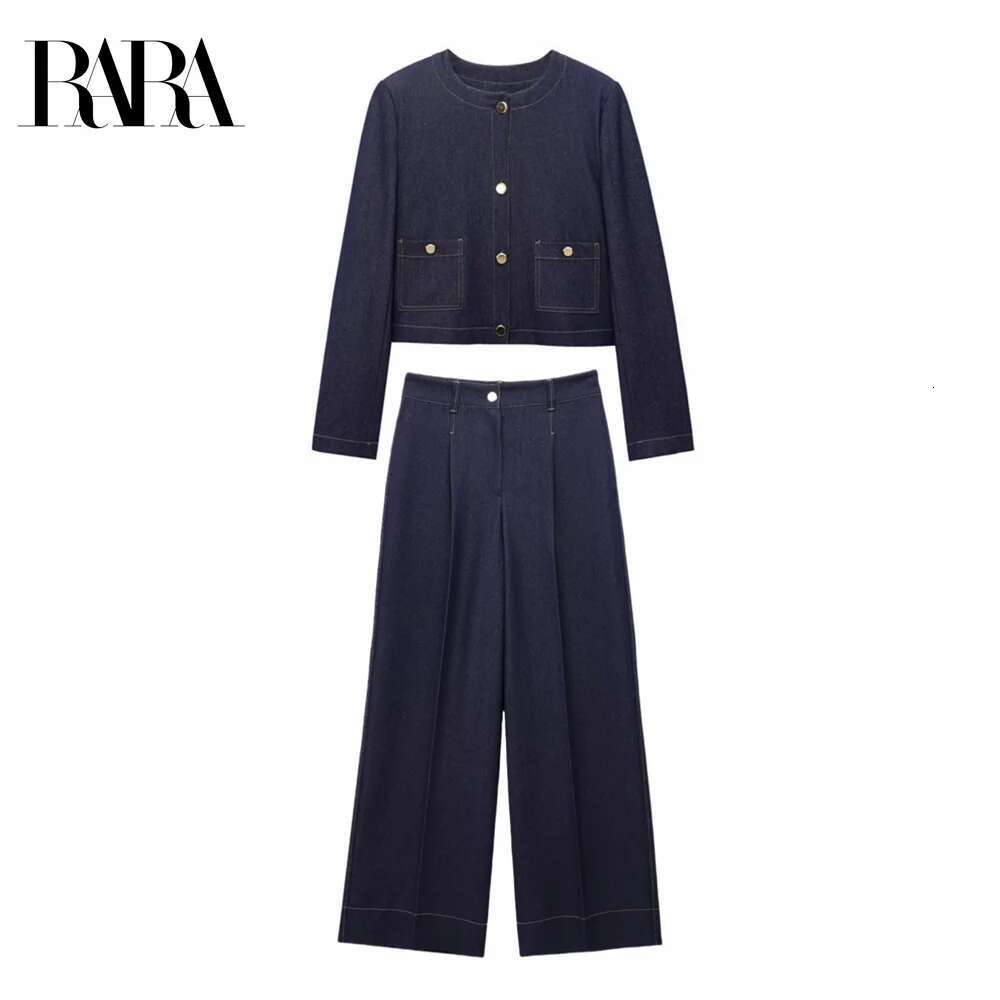 RARA 2025 Women's Crew Neck Cropped Jacket with Button Details and Matching Wide - Leg Trousers Set for a Stylish Look