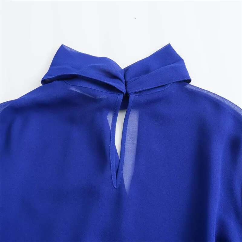 KEYANKETIAN New Launch Women's Tie Decoration Royal Blue Shirt Elegant Office Lady Petal Sleeve Chiffon Blouse Pullover Chemise