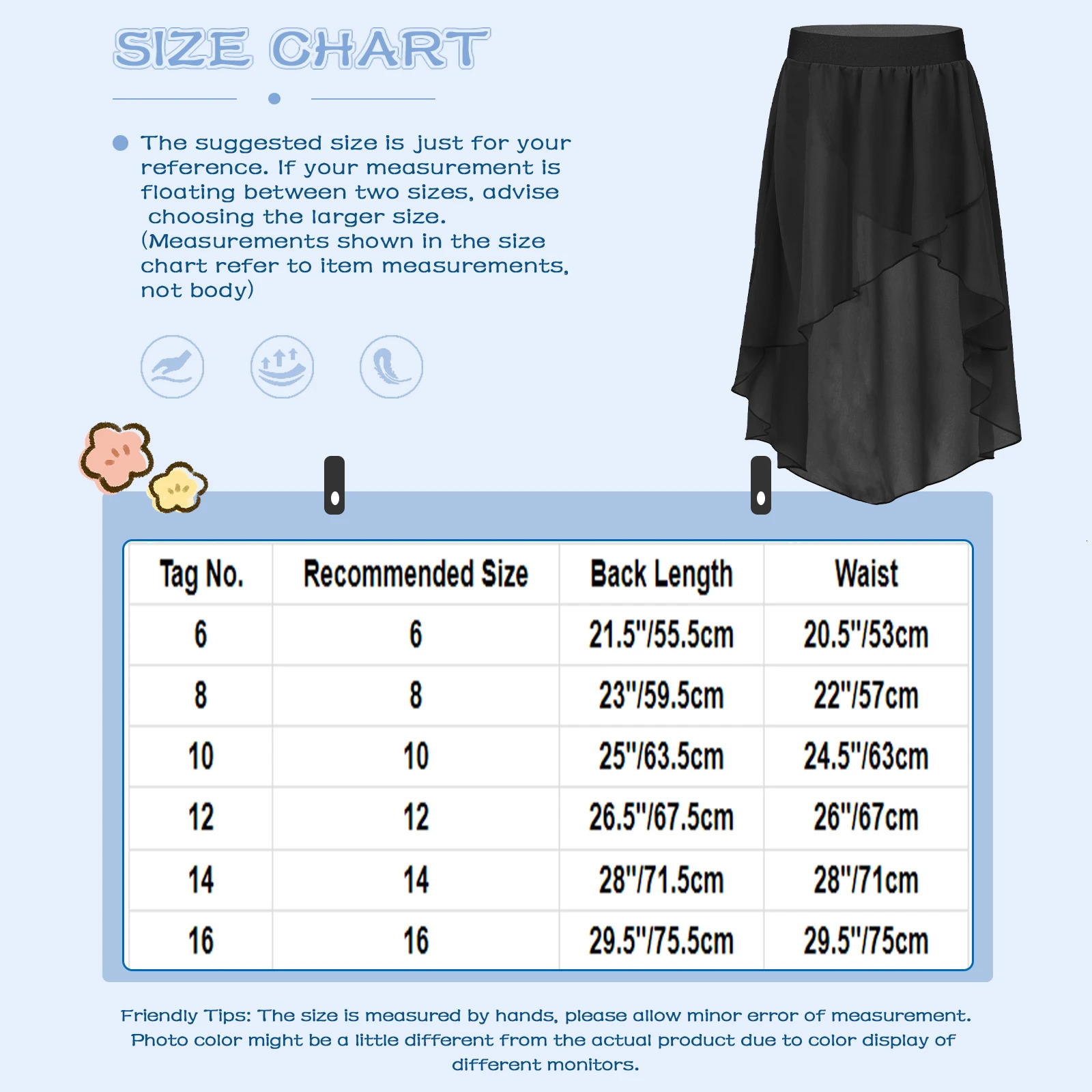 Kids Girls Chiffon Dance Skirt High-Low Elastic Waistband Chiffon Skirt for Ballet Jazz Dance Studio Practice Performance 250326