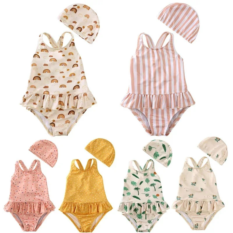 Girls Cute Backless Floral One-piece Swimsuit Baby Bikini Swimwear with hat Sun-proof Beach Vacation Toddlers Kids Chic Swimsuit 250326