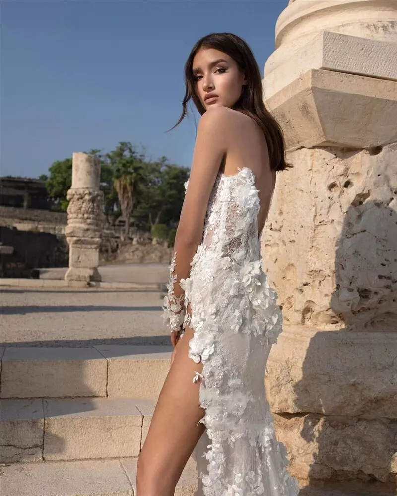 Sexy Backless Beach Wedding Dresses Side High Slit Lace Long Boho Bridal Gown With 3D Floral Appliques Transparent Full Sleeves Illusion Vestido De No