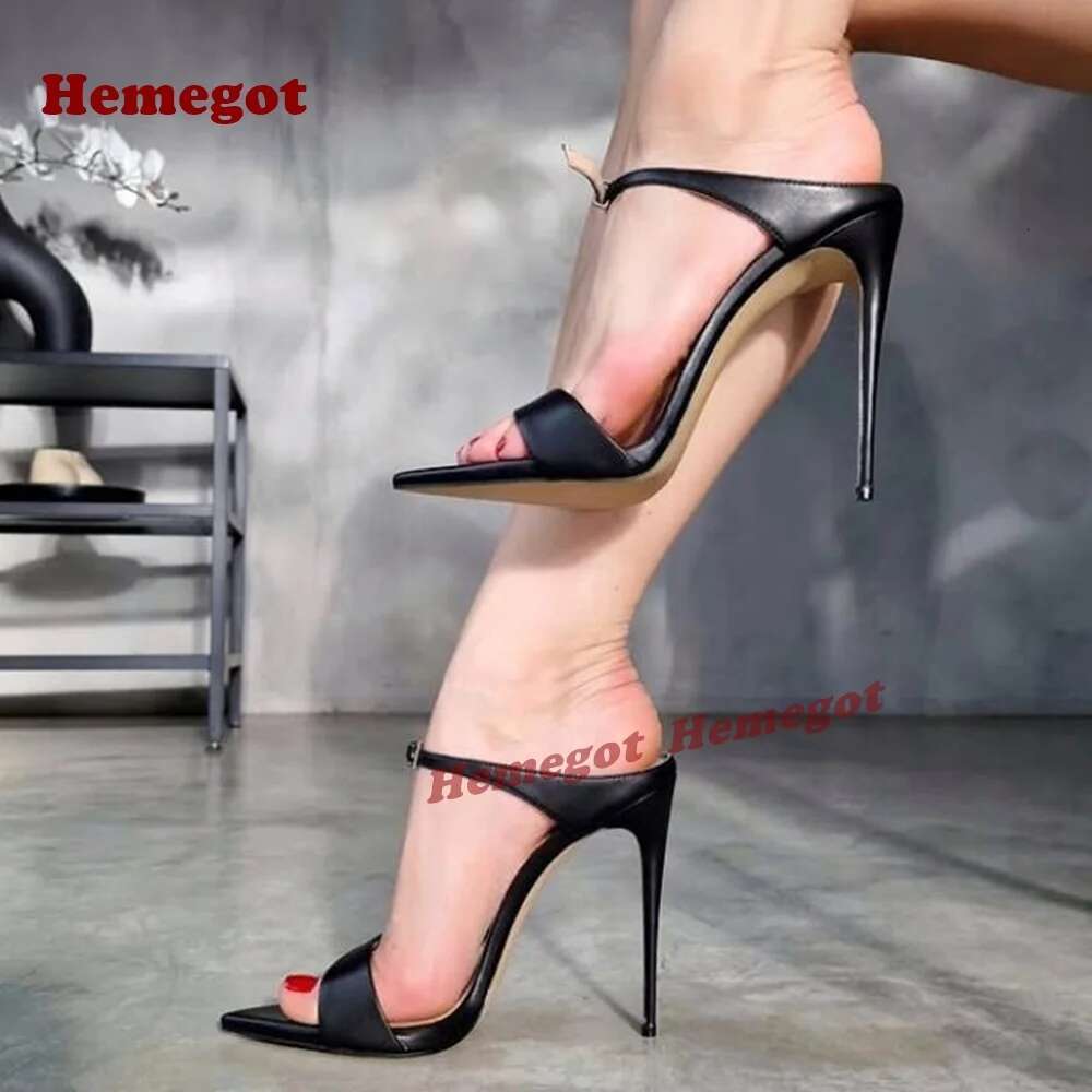 One Straps Buckled Summer Pointy Toe Stiletto Black Leather Women's Slippers 2025 New Thin High Heels Sexy Cut Out Shoe
