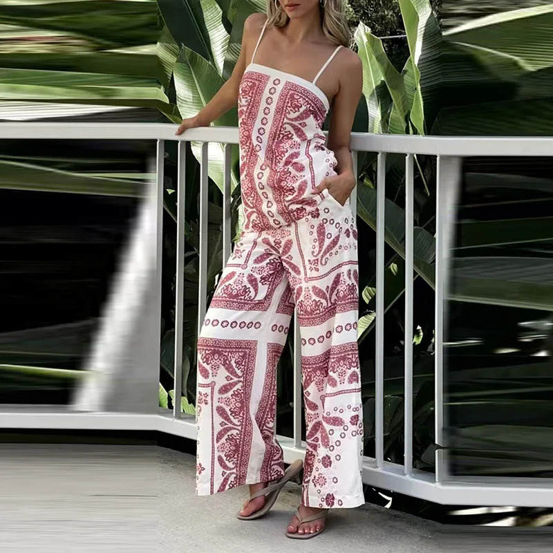 Sexy Off Shoulder Sling Top Long Pant Set Women Casual Sleeveless Loose 2Pc Outfits Fashion Patterm Print Bohemian Suits 250321