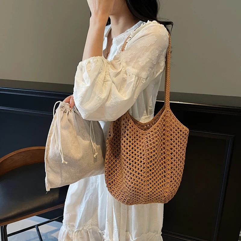 2025 Latest Summer Beach Straw Woven Tote Bag For Women 2-IN-1 Hollow-out Lightweight Large Capacity Shopper Shoulder Bag Female 250325