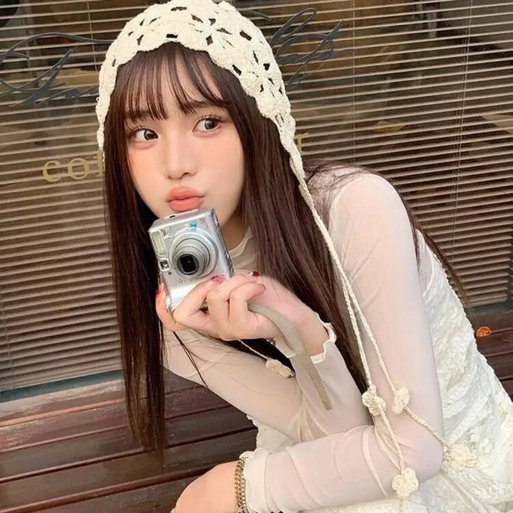 Handmade Hollow Out Crochet Knit Women Beanie Cap With Braid Spring Breathable Flower Berets Casual Pullover Skullies Hat Y2K 250321