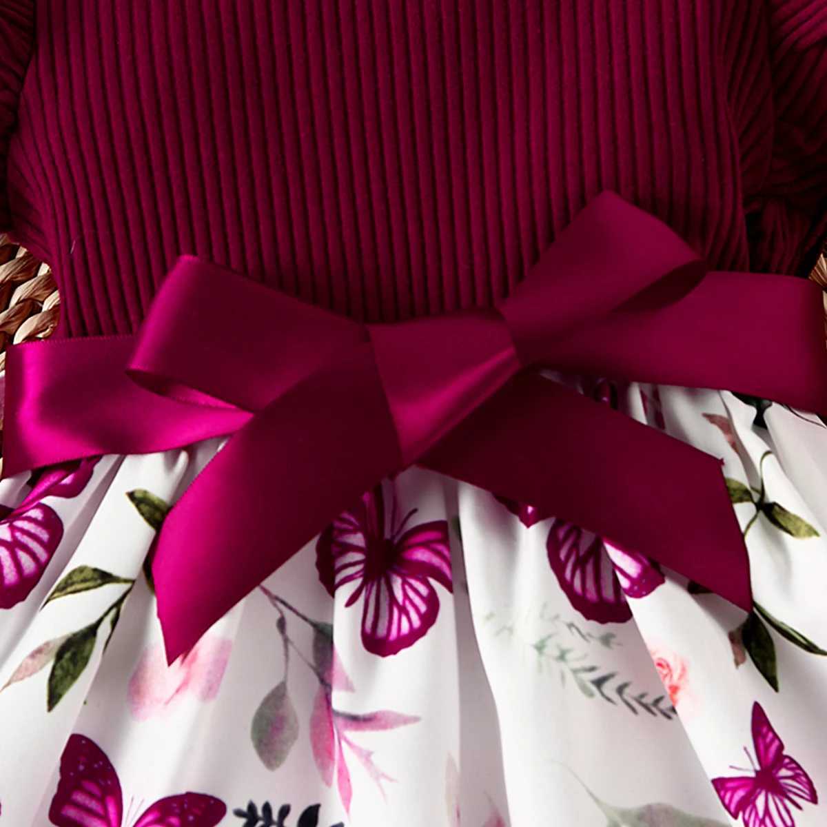 Baby girl butterfly and plant polka dot printed pleated sleeve belt dress+ribbon W250326