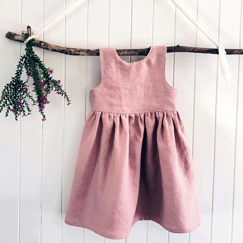 Girls Dress Summer Back Split Deep V-Neck Sleeveless Cotton And Linen Dresses TZ08 250326
