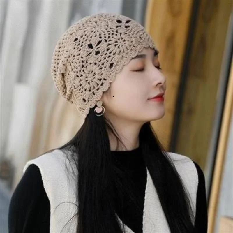 Spring Summer Thin Handmade Female Crochet Hat Hook Flower Knitted Hollow Breathable Ladies Cap Women Beanies 250321