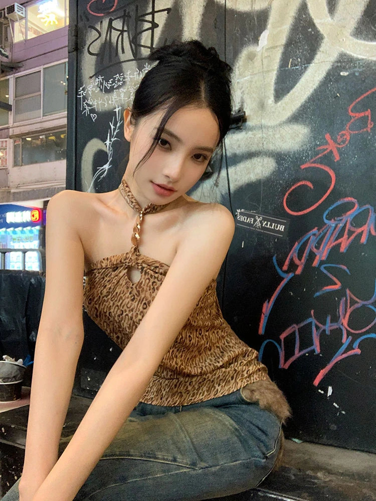 Y2k Aesthetic Hollow Leopard Pattern Sexy Vest for Womens Street Clothing No Back Bandage Vest Harajuku Halter Ultra Thin Suitable for Retro Top 25032