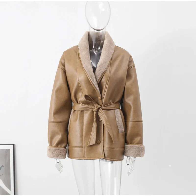 Winter Thick Plush Leather Jackets Women Office Single Breasted Turn-Down Collar Overiszed Coat Female Long Sleeve Overcoat Tops