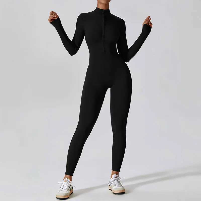 Womens jumpsuit zipper long sleeved yoga set gym push up workout clothes tight fitting fitness training clothes W250326