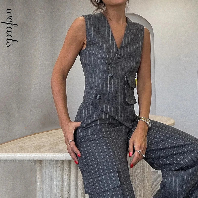 Wefads Office 2-piece Womens Elegant Sleeveless Stripe Printed V-neck Irregular Single Chest Tank Top Straight Pants Set 250321