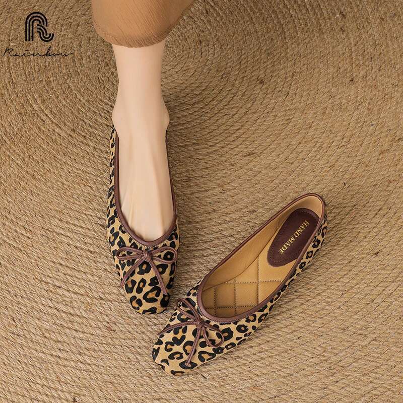 RAINBOW Size 34-43 New Spring Autumn Women Pumps Square Toe Chunky Horsehair Leopard Shoes Concise Flats Comfortable Black Soft