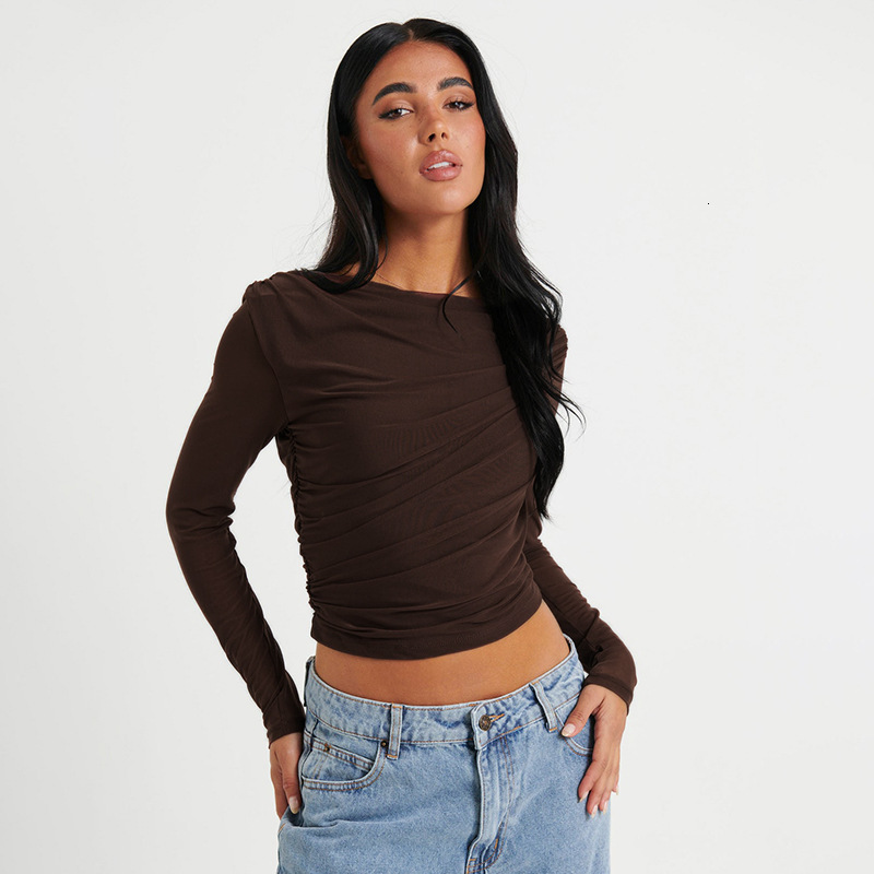 2025S Fashion Designer Y TP Women S Round Neck Solid Color Mesh Pleated Splicing Perspective Short Crop Top T Shirt With Exposed Navel