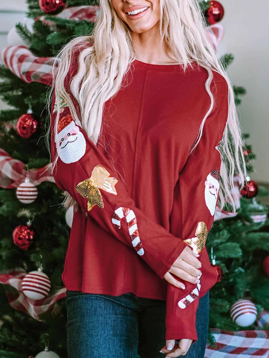 Ddmyshoesvip Women Christmas Tops Reindeer Print Round Neck Long Sleeve Loose Fit Casual T Shirts With Sequins Embellishment