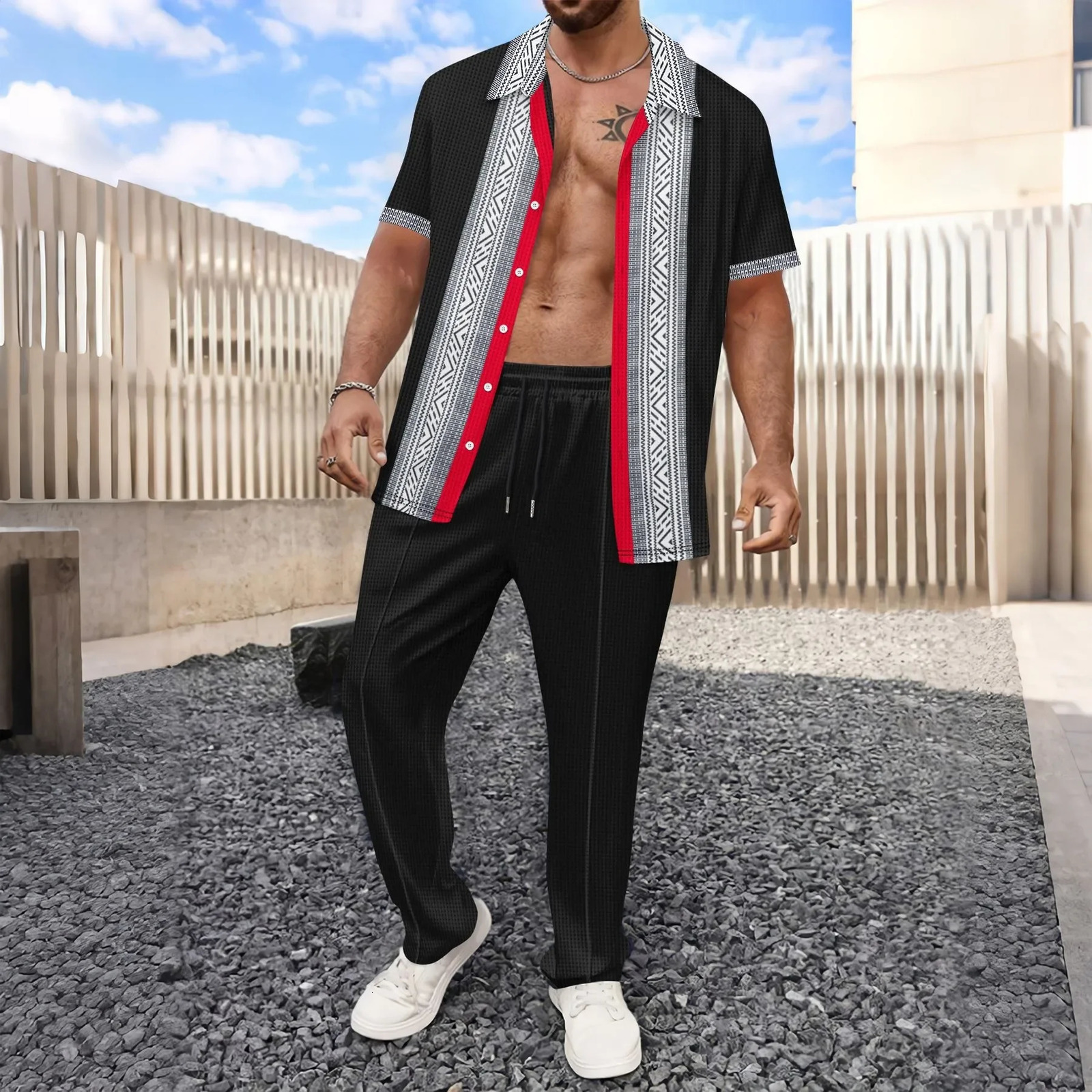 crossborder mens casual European and American waffle shirt short sleeved twopiece Trouser set sportswear for summer 2025 250326