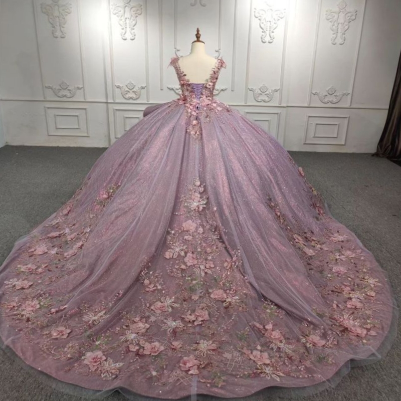 Luxury Purple Shiny V-Neck Quinceanera Dresses Ball Gown 2025 Sequin Appliques Lace 3D Flower Beading Lace-Up Sweet 16 Dress Party Dresses Vestidos De