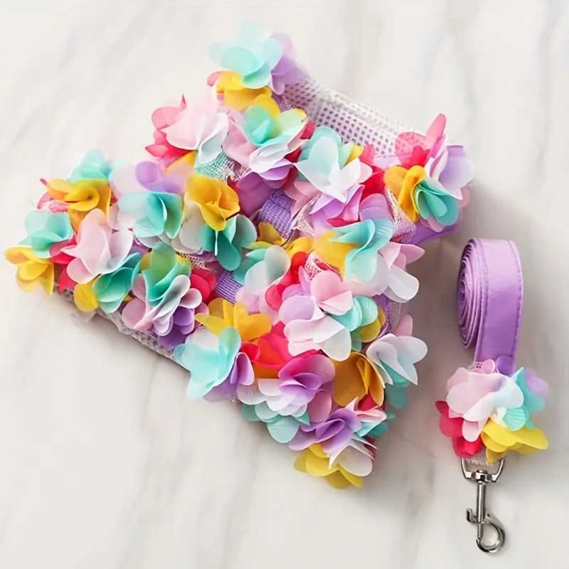 1 deluxe floral girl dog harness and belt set no pull soft adjustable breathable mesh cute floral puppy pet safety vest X250326